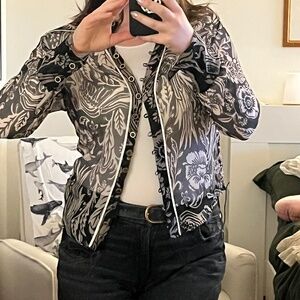 100% silk sheer black patterned blouse